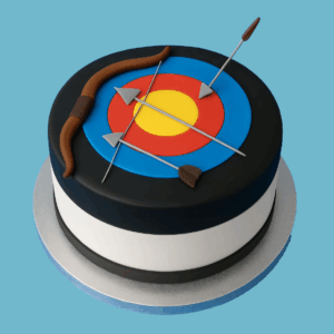 A round cake designed to look like an archery target, featuring bright concentric circles in yellow, red, blue, and black on top. Fondant arrows are placed at the center of the target, accompanied by a handcrafted fondant bow on the side. The cake has a smooth white fondant base with a black trim around the bottom edge, creating a clean and striking look. This themed cake is perfect for archery enthusiasts and special occasions, with customizable messages and flavors.