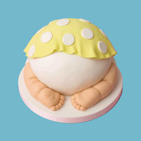 A round novelty cake designed to look like a baby’s bottom peeking out from under a soft yellow fondant cover with white polka dots. The sculpted cake includes realistic fondant details of baby legs and tiny feet with visible toes, creating a lifelike and adorable appearance. The cake is finished with smooth edges and intricate skin-like folds for added realism. Ideal for baby showers, the design offers a playful and heartwarming centrepiece that’s both charming and customizable in flavour and size.