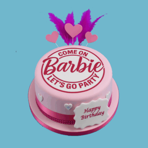 A round Barbie-themed cake decorated in bright pink with the iconic Barbie logo prominently displayed at the centre. The cake features vibrant accents that reflect Barbie’s fun and fashionable style, along with elegant feather toppers that add a whimsical touch. A personalised message plaque sits at the base for custom greetings. The design is playful and eye-catching, making it an ideal centrepiece for Barbie-themed birthdays or special celebrations for fans of all ages.
