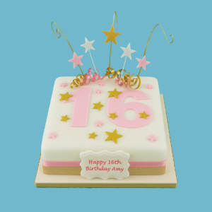 A square celebration cake with a soft blush pink base and shimmering gold accents. The cake features playful metallic gold swirls and star-shaped decorations on a crisp white surface. A personalized message plaque is placed on top, adding a custom touch. The elegant combination of pink and gold creates a sophisticated, festive centerpiece perfect for milestone birthdays, anniversaries, or special occasions.