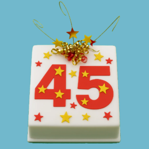 A square celebration cake with a white base, featuring large red numbers on top to mark the milestone. The cake is decorated with rich gold metallic swirls and scattered small star-shaped accents in red and gold. A personalized message plaque sits at the front, adding a custom touch. The bold red and gold colors combined with clean lines create a vibrant and festive centerpiece perfect for birthdays, anniversaries, or special occasions.