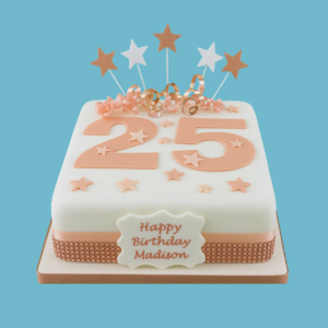 A square cake decorated in soft rose gold and crisp white tones, featuring large shimmering rose gold numbers on top as the centerpiece. The cake’s surface is adorned with delicate metallic rose gold swirls and subtle star-shaped accents, adding sparkle and movement. A personalized white plaque with a custom message sits gracefully on the front. The clean, modern design and elegant color palette make it an ideal centerpiece for milestone birthdays, anniversaries, or special celebrations.