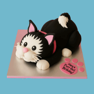 A round Cat Cake decorated with a black and white fondant kitten playfully lying on its back, holding a pink fondant ball of wool connected by a string. The cake has smooth white icing, pink piped edges on the top and bottom, and black fondant paw prints around the sides. A personalised message in pink lettering appears on top, adding a custom touch to this cute and charming cake designed for cat lovers and special celebrations.