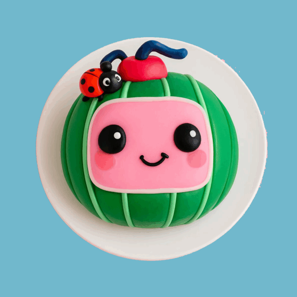 A round cake designed to resemble a green-striped watermelon with smooth fondant. The center features a bright pink section displaying the smiling face of the Cocomelon character with large black eyes. A small ladybird and a blue-and-black caterpillar made of fondant decorate the cake’s surface. The cake is colorful, playful, and perfect for a children’s celebration, with a space for a personalized message at the base.