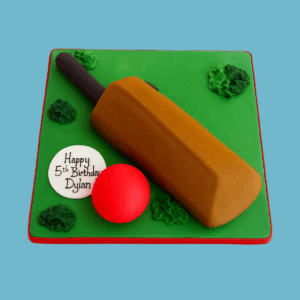 A square cake designed to resemble a cricket pitch with vibrant green fondant textured like grass. On top rests a detailed fondant cricket bat featuring a handle grip and brand logo space, alongside a bright red fondant cricket ball with visible seam lines. A white circular plaque on the base is ready for a personalized message. The cake combines realistic cricket-themed decorations, making it ideal for cricket fans celebrating birthdays, club events, or sports parties.