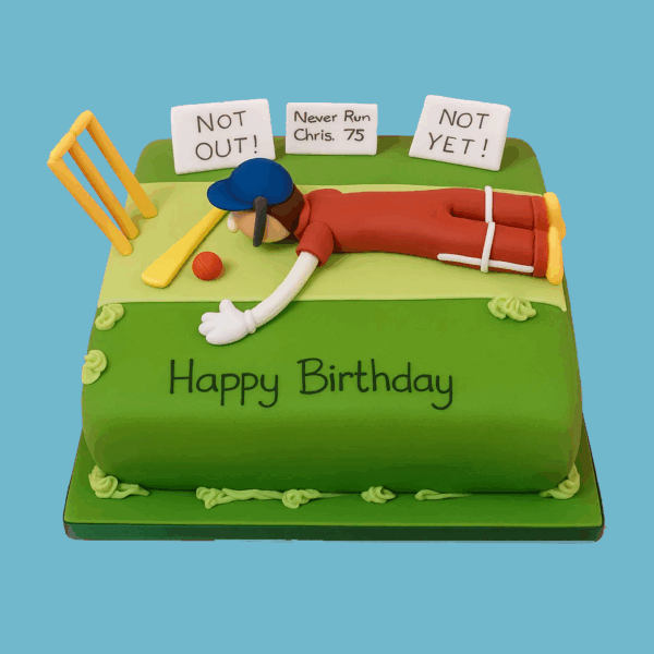 A rectangular cake designed to look like a cricket pitch, covered with smooth green fondant. On top, a fondant cricket wicket with bails stands upright next to a batsman figure lying on the pitch holding a bat. A cricket ball rests nearby. Two fondant signs reading “NOT OUT!” and “NOT YET!” add a playful touch. The cake is detailed and colorful, perfect for cricket fans celebrating birthdays, match victories, or cricket events.