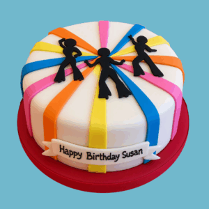 A vibrant disco-themed cake featuring black dancing silhouettes set against a multicoloured striped background that radiates from the centre, symbolising movement and music. The cake sits on a bold red fondant base, enhancing its retro 70s style. Bright colours, sharp lines, and high contrast elements give it a fun, energetic look. A personalised message can be added on the base or top, making it ideal for birthdays, themed parties, or milestone celebrations.