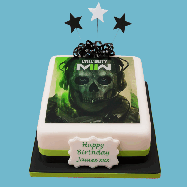 A square cake with a smooth icing surface printed with a bold, high-quality image inspired by popular video games. The design includes a personalized message plaque and festive star-shaped toppers, creating a vibrant and themed centerpiece. Customizable with different gaming visuals, colors, and messages, this cake is perfect for birthdays, gaming parties, or tournament celebrations, offering both striking visuals and delicious flavor.