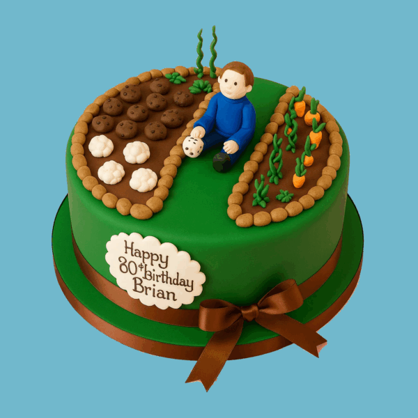 A round cake with a smooth green fondant base resembling grass, decorated with detailed vegetable patches made of brown fondant soil and green plants featuring white and orange vegetables. A fondant figure sits peacefully in the garden scene on top. A brown ribbon wraps around the cake’s base, complementing the earthy garden theme.