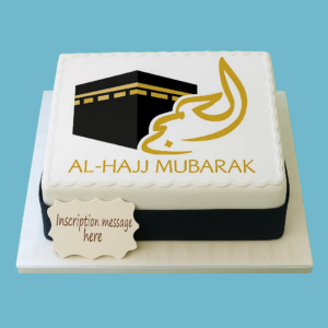Square Hajj Mubarak celebration cake featuring a central image inspired by the Hajj pilgrimage and a personalised message plaque. The design reflects Islamic tradition with elegant, respectful decoration to honour the spiritual journey.