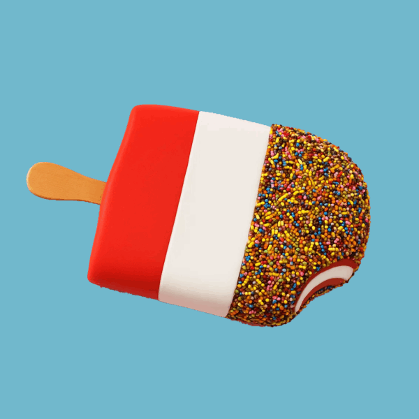 A cake shaped like a classic ice lolly on a stick, featuring two smooth fondant layers in bright red and white. The top layer is covered with colorful sprinkles, adding a festive touch. The wooden stick base completes the playful design. This cheerful and detailed cake is perfect for summer parties and celebrations.