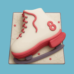 A novelty cake shaped like a classic white ice skate with soft pink details on the sole, laces, and trim, and a realistic grey blade and heel. The cake rests on a white base decorated with delicate snowflake patterns, enhancing its winter theme. The design is detailed and festive, perfect for winter celebrations and ice skating enthusiasts.