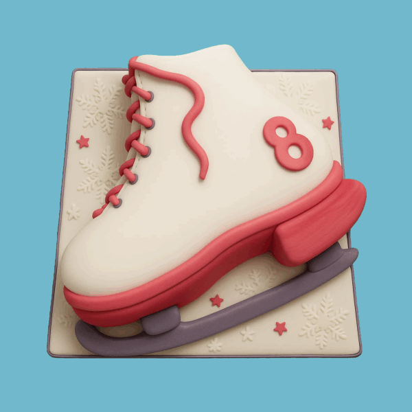 A novelty cake shaped like a classic white ice skate with soft pink details on the sole, laces, and trim, and a realistic grey blade and heel. The cake rests on a white base decorated with delicate snowflake patterns, enhancing its winter theme. The design is detailed and festive, perfect for winter celebrations and ice skating enthusiasts.