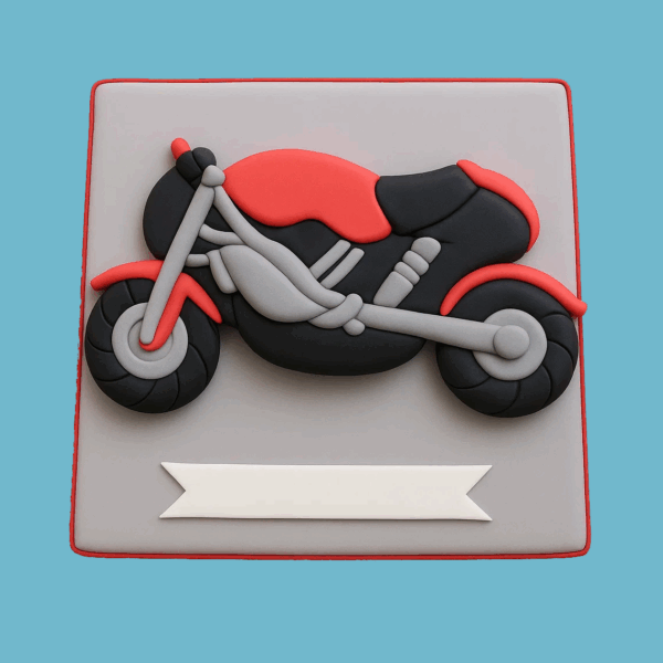 A novelty Motorcycle Cake shaped like a classic motorbike, featuring a bright red fuel tank, black body, and grey engine and wheel details for a realistic look. The cake rests on a light grey base that complements the design, making it an eye-catching centerpiece for motorbike enthusiasts and themed celebrations.