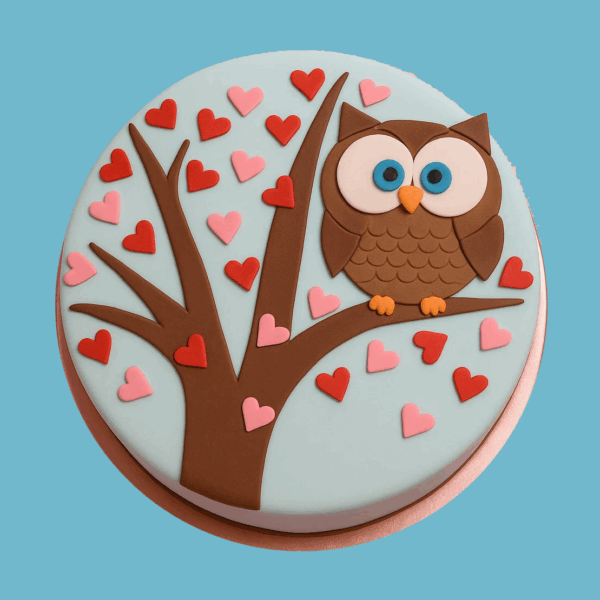A round cake featuring a brown fondant owl with large expressive eyes sitting on a textured brown branch. The owl is surrounded by small red and pink fondant hearts set against a soft light blue background. The cake has a handcrafted look with detailed feathers and a calming color scheme, making it a charming centerpiece for celebrations like birthdays, anniversaries, or baby showers.
