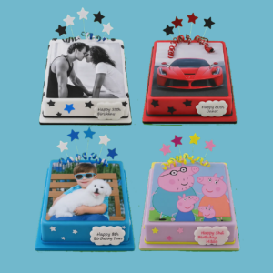 A collection of four square personalised photo cakes, each uniquely decorated for different occasions. One cake features a black and white photo with silver star toppers, another shows a red car image with festive accents, a third has a blue background with a child and dog, and the fourth displays a cheerful cartoon-style image. All cakes are covered in smooth fondant, with custom photo spaces and message plaques, and decorated with ribbons, toppers, and colourful details.