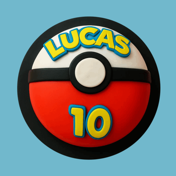 A round cake designed to look like a classic Poké Ball from Pokémon. The top half is covered in smooth white fondant, the bottom half in vibrant red fondant, separated by a clean black horizontal stripe around the middle. A white fondant circle sits centered on the black stripe. The cake rests on a sturdy black base, creating a bold and recognizable design perfect for Pokémon-themed celebrations.