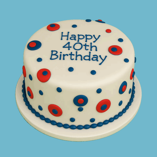 A round celebration cake covered in smooth white icing, decorated with bright red and blue polka dots in various sizes for a playful and colourful look. A neat blue piped border wraps around the base, adding a polished finish. A personalised message in blue lettering is written on top, making the cake unique to the event. Ideal for birthdays, anniversaries, or casual celebrations, this cake combines cheerful design with custom flavour and size options.