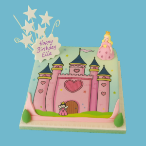 Square celebration cake featuring a pink princess castle with pastel turrets, heart accents, a princess figurine, star-shaped toppers, and a personalised message plaque. Decorated with detailed icing and gold highlights for a fairy tale theme.