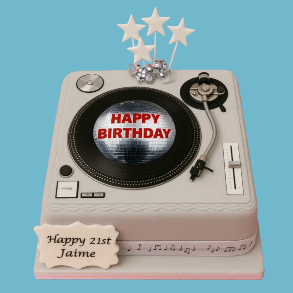 A square cake designed to look like a vintage record player, featuring a detailed turntable, tone arm, and musical accents made from icing. The cake includes a personalized message plaque and decorative star toppers, with customizable colors and design elements. This nostalgic and festive centerpiece combines a moist sponge and smooth icing, perfect for music lovers celebrating birthdays, anniversaries, or special events.