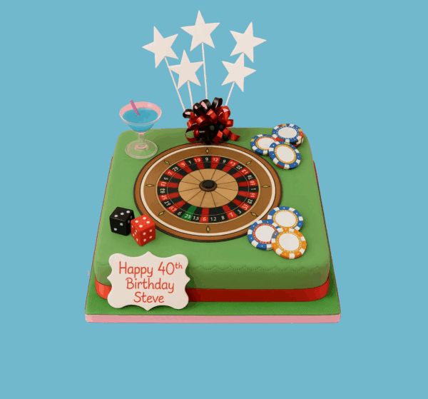 A square cake designed to look like a roulette table, featuring a spinning wheel, poker chips, and dice crafted in edible details. The cake includes a personalized message plaque and decorative star toppers, with vibrant colors capturing the excitement of a casino game. This festive centerpiece is customizable for birthdays, anniversaries, or special occasions, combining playful design with delicious sponge and smooth icing.