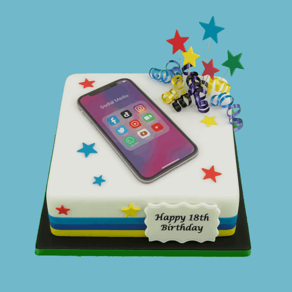 A colorful, modern cake decorated with a personalized message plaque for custom greetings or names. The cake features star-shaped toppers and vibrant social media app icons like messaging, photo sharing, and video platforms arranged neatly on top. Designed for tech-savvy celebrations, it offers enough servings for friends, family, or colleagues, combining a fresh, contemporary look with great taste, perfect for birthdays, digital-themed parties, or social gatherings.