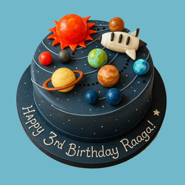 A round cake designed to resemble outer space, with a dark blue and black swirling background representing the cosmos. Fondant models of the sun and planets from the solar system are arranged on top, each uniquely colored and sized to reflect their real-life counterparts. A small white fondant rocket ship orbits one of the planets, adding a playful touch. The cake features vibrant detailing and serves as a striking centerpiece for space-themed celebrations.