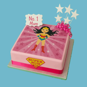 A square cake featuring a bold, superhero-themed image printed onto smooth icing in vibrant colors, celebrating a "Super Mum." The design includes a personalized message plaque and sparkling star toppers for a festive and eye-catching presentation. Fully customizable in color, superhero design, size, flavor, and message, this cake is ideal for birthdays, Mother’s Day, or any celebration honoring a strong, inspiring mum. Combines striking visuals with delicious, freshly baked flavor options.