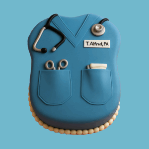 A cake shaped like a set of blue medical scrubs with a v-neck top and pockets, decorated with fondant details including a stethoscope and scissors. The cake has a decorative border of small yellow and white fondant balls around the base. This detailed design honors healthcare workers and is suitable for graduations, nurse appreciation, or medical celebrations.