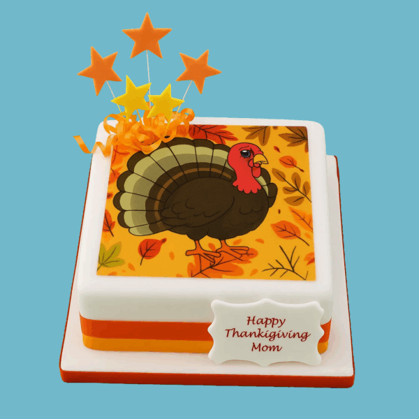 A beautifully decorated Thanksgiving cake with smooth white fondant, featuring a hand-painted vibrant turkey at the center. The cake is adorned with colorful autumn leaves in orange, red, and gold around the turkey. Bright orange ribbons wrap the base, and small star-shaped toppers add sparkle. An edible personalized message plaque sits on the cake, ready for a custom greeting. The cake is available in flavors like vanilla, chocolate, and spiced pumpkin, and comes in various sizes to suit any celebration.