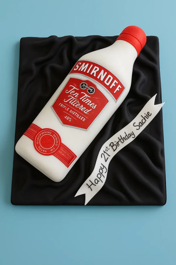 A cake shaped like a Smirnoff vodka bottle with a white body and a detailed edible red and white Smirnoff label. The cake features a red fondant bottle cap on top and sits on a sleek black fondant base that resembles draped cloth. The design closely mimics the slender shape and distinctive branding of the vodka bottle, making it a striking and playful centerpiece for birthdays or parties.