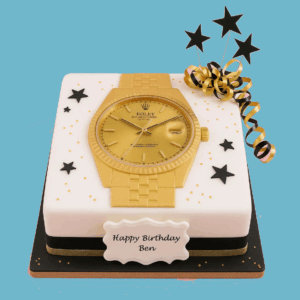 A square cake designed to resemble an elegant wristwatch, featuring intricate details and clean lines that mimic a classic timepiece. The cake includes a personalized message plaque and decorative star toppers, with customizable colors and design elements. This sophisticated and refined centerpiece combines moist sponge and smooth icing, ideal for milestone celebrations such as birthdays, anniversaries, retirements, or corporate events.