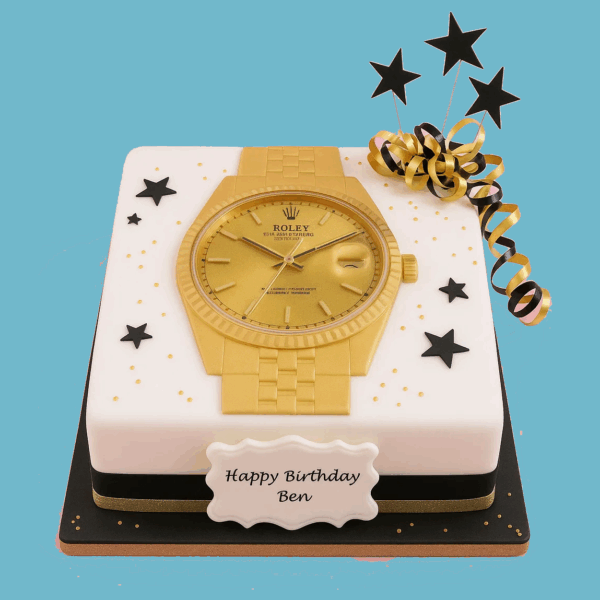 A square cake designed to resemble an elegant wristwatch, featuring intricate details and clean lines that mimic a classic timepiece. The cake includes a personalized message plaque and decorative star toppers, with customizable colors and design elements. This sophisticated and refined centerpiece combines moist sponge and smooth icing, ideal for milestone celebrations such as birthdays, anniversaries, retirements, or corporate events.