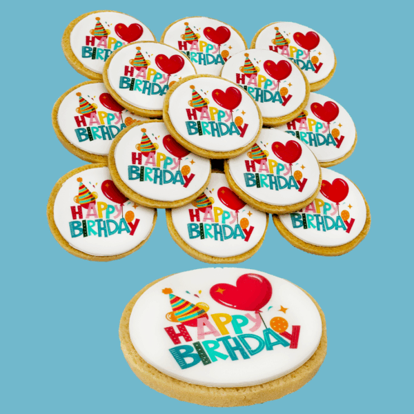 Delicious buttery shortbread birthday cookies decorated with colourful party hats, balloons, and hearts—perfect for celebrations and party bags.