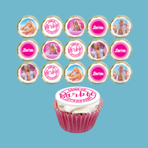 Box of 15 Barbie Cupcakes featuring edible toppers with images of Barbie, Ken, and themed phrases like “Barbie” and “Come On Barbie Let’s Go Party.” Cupcakes come in colourful wrappers, available in vanilla or chocolate, and are perfect for birthdays or themed events.