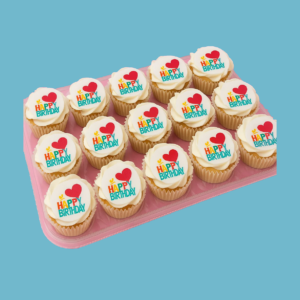 Box of 15 Happy Birthday Cupcakes with smooth white frosting topped with personalised edible photo prints. Each cupcake features a clear, vibrant image on soft frosting over moist vanilla sponge, perfect for birthdays and special occasions. The cupcakes come in individual cases for easy serving and display.
