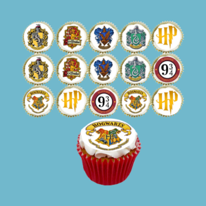Box of 15 Harry Potter-themed cupcakes decorated with edible toppers featuring Hogwarts house crests, the Hogwarts crest, the “HP” logo, and the Platform 9 ¾ sign in bright, detailed colors.