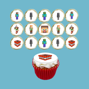 Box of 15 Minecraft Cupcakes featuring edible toppers with characters like Steve, Enderman, Zombie, and TNT blocks. Decorated with colourful wrappers of your choice and available in vanilla or chocolate flavours. Perfect for Minecraft-themed parties and gaming events.