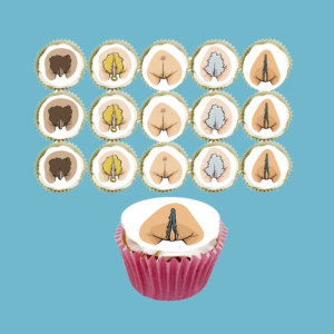 Box of 15 Muff Muffins topped with edible vulva art in diverse tones. Fun, bold, and perfect for body-positive celebrations.