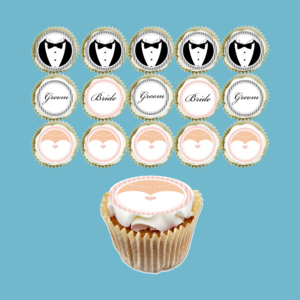 Box of 15 wedding-themed cupcakes decorated with edible toppers, including tuxedo designs, “Bride” and “Groom” script lettering, and pink outlines of a veiled bride with heart details.