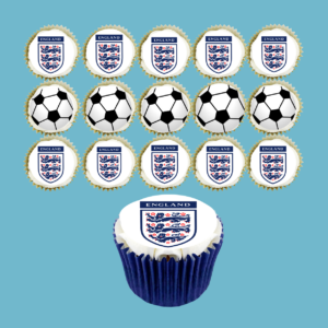 Fifteen cupcakes topped with edible images of the England football team crest and football patterns, each placed in brightly coloured wrappers to match your chosen team colours.