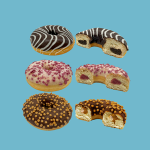 Box of 9 doughnuts featuring a variety of flavours including caramel glazed with crunchy toppings, chocolate iced with curls and pearls, and fruit berry iced with sprinkles, offering a mix of rich, sweet, and tangy tastes.