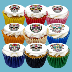 Box of 15 Day of the Dead cupcakes featuring vibrant sugar skull toppers, perfect for festive celebrations and customizable flavour options.