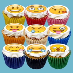 Box of 15 Emoji Cupcakes customisable flavours, perfect for birthdays, parties, and fun celebrations with friends and family.