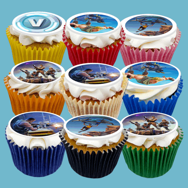 Box of 15 Fortnite Cupcakes with customisable flavours, perfect for gamers’ parties, birthdays, and fun celebrations.