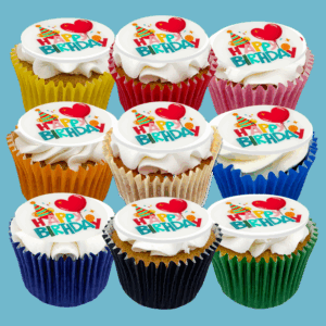 Box of 15 Happy Birthday Cupcakes with smooth white frosting and edible photo prints, perfect for memorable celebrations, parties, and special occasions.