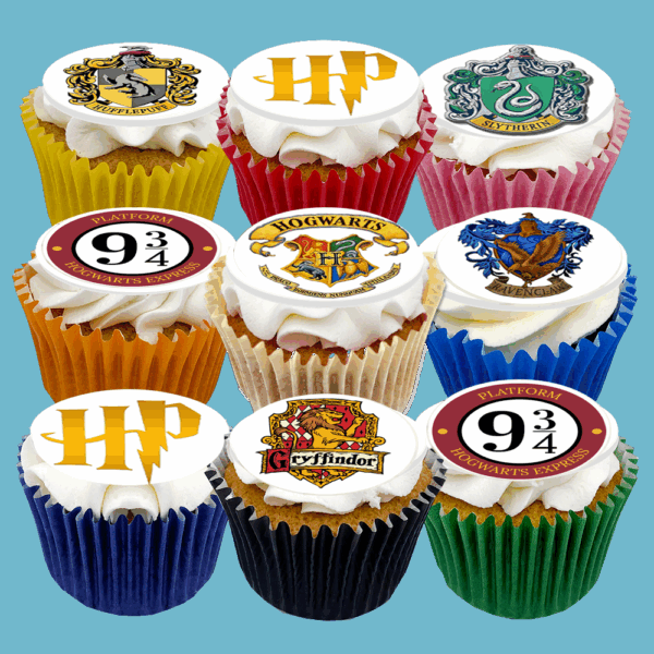 Celebrate with a Box of 15 Harry Potter Cupcakes featuring edible toppers of house crests, Platform 9 ¾, and customisable flavours. Magical treat!