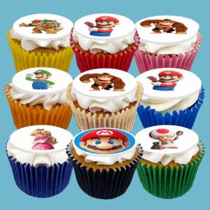 Enjoy a box of 15 Super Mario Cupcakes featuring edible character toppers and classic flavours, perfect for themed parties and video game fans.
