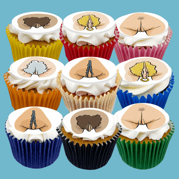 Box of 15 Muff Muffins topped with edible vulva art in diverse tones. Fun, bold, and perfect for body-positive celebrations.