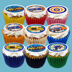Box of 15 Nerf Blaster Cupcakes with edible toppers featuring blasters and targets. Perfect themed treat for Nerf fans. Customisable flavours.